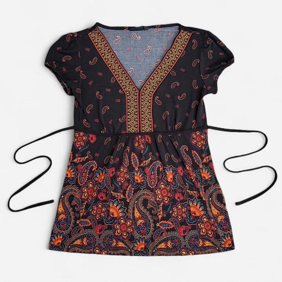 Apt 9 Black & Orange Multicolor Floral Boho Paisley V Neck Top w Waist Ties S - Picture 5 of 7
